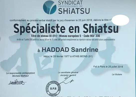 Diplome Shiatsu Sandrine Haddad